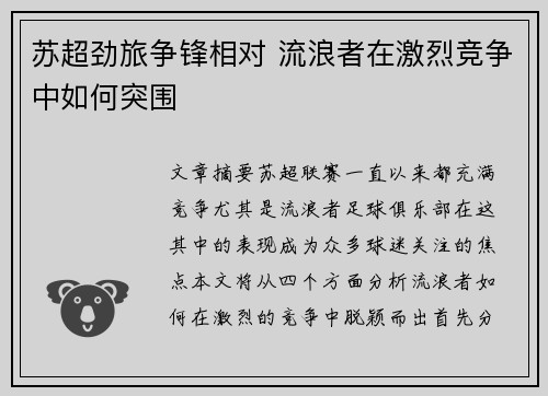 苏超劲旅争锋相对 流浪者在激烈竞争中如何突围