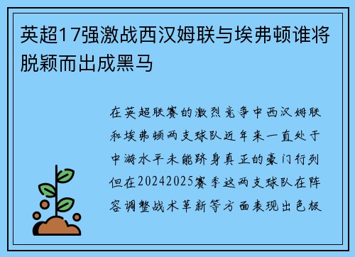 英超17强激战西汉姆联与埃弗顿谁将脱颖而出成黑马